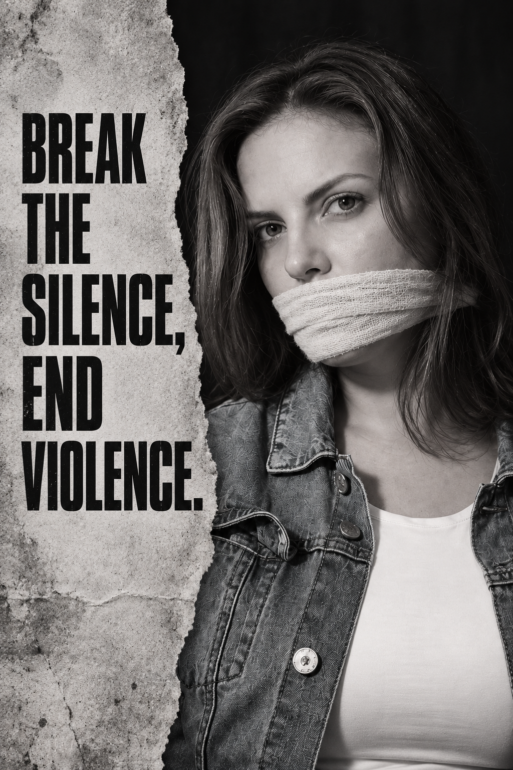 Black and white portrait beside the words Break the silence, end violence